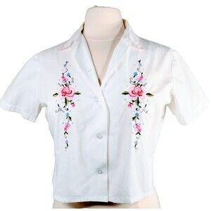 Vintage White Crop Cotton Shirt Blouse Floral Embroidered Button-Up OOAK